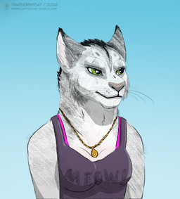 bra breasts chain clothing female fur hair jewelry necklace outside shirt sky smile smirk standing t-shirt topwear underwear thathornycat capitoline_ranch microsoft the_elder_scrolls moss_(capitoline_ranch) felid feline khajiit mammal hi_res