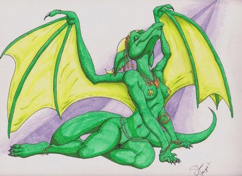 anthro areola bracelet breasts claws dragon_tail ear_piercing ear_ring eyes_closed female genitals green_body horn jewelry jewelry_only long_tail membrane_(anatomy) membranous_wings necklace nipple_piercing nipples non-mammal_breasts non-mammal_nipples nude nude_anthro nude_female piercing ring ring_piercing simple_background sitting solo tail vulva wings shawnthegirl mythology aleshia_(bahumot) dragon mythological_creature mythological_scalie scalie