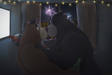 anthro beverage black_body black_fur black_hair brown_body brown_fur duo eyes_closed fireworks fur grey_body grey_fur hair holding_beverage holding_object kissing male male/male night overweight overweight_male shirtless slightly_chubby slightly_chubby_male spilling_drink string_lights tan_body tan_fur wide_eyed window minedoo bear mammal hi_res signature
