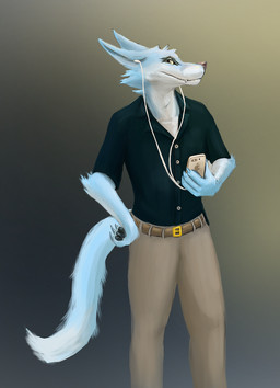anthro apple_logo blue_body blue_fur clothing electronics fur headphones male phone simple_background solo standing apricotjackal akito_(akitoe) canid canine fox mammal hi_res