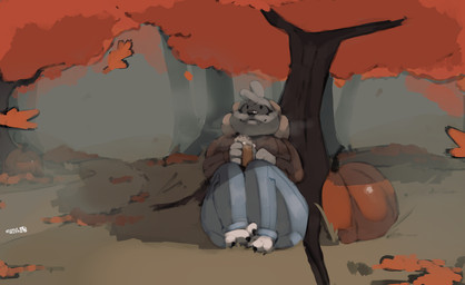 anthro autumn autumn_leaves beverage blue_bottomwear blue_clothing blue_jeans blue_pants bottomwear brown_clothing brown_sweater brown_topwear candy chocolate claws clothing denim denim_bottomwear denim_clothing dessert female food fruit hot_chocolate jeans looking_up pants plant pumpkin sitting_under_tree steam sweater toe_claws topwear dreamywolfdd roxy_boxen beagle canid canine canis domestic_dog hunting_dog mammal scent_hound hi_res