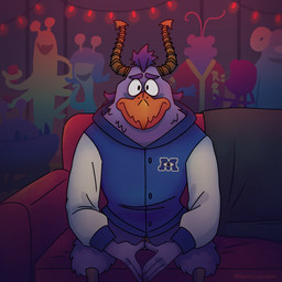 anthro beak bottomless clothed clothing furniture group hair horn jacket letterman_jacket lights looking_at_viewer looking_offscreen male on_sofa party partying purple_body purple_hair sitting sitting_on_sofa sofa solo sweater tentacles text topwear topwear_only worried_look beefycupcakes disney monsters_inc monsters_university pixar background_character brock_pearson avian monster tentacle_creature 1:1 artist_name shaded