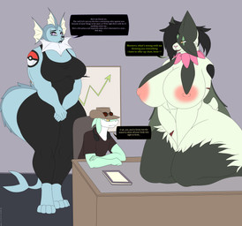 animal_noises animal_noises_while_talking anthro areola australian_hat big_breasts big_butt black_clothing book breast_size_difference breasts butt clothed clothing crossed_arms dialogue electronics eyeshadow eyewear facial_piercing female female_anthro furniture glasses group headgear headphones headset huge_breasts lipstick looking_at_another looking_down makeup mask meow muscular muscular_female nipples nose_piercing nose_ring nude piercing pink_areola pink_nipples ring_piercing scar simple_background table tattoo text thick_thighs trio wide_hips yellow_eyes photolol.03 nintendo pokemon flexet_(photolol.03) meowskatya_(photolol.03) vaporina_(photolol.03) aquatic eeveelution fish generation_1_pokemon generation_9_pokemon meowscarada pokemon_(species) shark vaporeon absurd_res english_text flat_colors hi_res