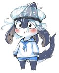 ambiguous_gender animal_hat anthro blue_body blush clothed clothing dorsal_fin fin hat headgear headwear kerchief pseudo_hair sailor_uniform simple_background solo tail tail_fin tentacle_hair tentacles unusual_clothing unusual_hat unusual_headwear young young_anthro doneru cephalopod cetacean cnidarian dolphin fish hybrid jellyfish mammal marine medusozoan mollusk oceanic_dolphin orca shark toothed_whale hi_res sketch