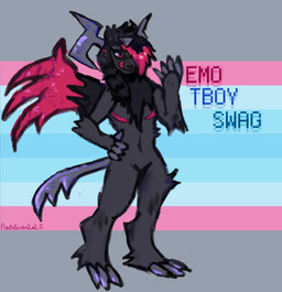 alternative_fashion ambiguous_gender anthro black_body black_fur claws emo exaggerated_mastectomy_scar fur hair horn lgbt_pride licking licking_lips long_hair mastectomy_scar one_wing pride_color_flag pride_colors raccoon_tail_hair red_eyes scar simple_background smile solo tail text tongue tongue_out transmasculine_pride_colors visibly_trans wings pinatareaper nintendo pokemon pokemon_legends_z-a generation_9_pokemon mega_absol_z mega_evolution pokemon_(species) digital_media_(artwork) english_text hi_res trans_(lore) trans_man_(lore)