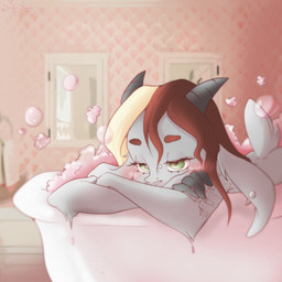anthro bath bathing bathroom blonde_hair blush brown_hair bubble bubble_bath butt ear_piercing eyebrows eyelashes female fur green_eyes grey_body grey_fur hair horn inside mirror multicolored_hair nude piercing scut_tail short_tail solo tail two_tone_hair spider_bones bridgette_(spider_bones) bovid caprine goat mammal 1:1 2022 digital_media_(artwork) shaded