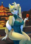 5_fingers anthro asian_clothing blonde_hair breasts chinese_clothing clothed clothed_anthro clothed_female clothing countershade_torso countershading east_asian_clothing female fingers fully_clothed fully_clothed_anthro fully_clothed_female fur green_eyes hair holding_object holidays kemono looking_at_viewer night open_mouth outside sitting sky solo teeth tongue topwear yellow_body yellow_fur treyer chinese_new_year treyer_(character) canid canine fox mammal 2025 absurd_res digital_media_(artwork) hi_res