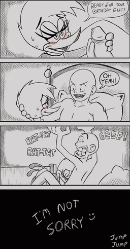 anthro anthro_penetrated bald bed blush dialogue duo erection eyelashes female female_on_human female_penetrated furniture genitals glans human_penetrating_female male male/female male_penetrating male_penetrating_female oral oral_penetration pain penetration penile penile_penetration penis penis_in_mouth pillow sex smile tail teeth text tongue jumpjump the_woody_woodpecker_show universal_studios winnie_woodpecker avian bird human humanoid mammal picid woodpecker animated animated_comic comic english_text hi_res