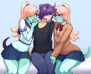 1_eye 5_fingers ahoge ambiguous_gender big_tail blonde_hair blush bodily_fluids bottomwear bulge clothed clothing dipstick_tail female female/ambiguous femboy fingers fully_clothed green_body green_skin group hair horn humanoid_on_humanoid light_body light_skin long_tail markings midriff multicolored_body multicolored_skin multicolored_tail nervous noseless open_mouth open_smile pale_skin pants pink_eyes pupils purple_hair red_eyes school_uniform sharp_teeth shirt skirt smile sweat sweatdrop tail tail_markings teeth topwear two_tone_body two_tone_skin uniform white_pupils ittla ansel_(anaid) amphibian amphibian_humanoid animal_humanoid cyclops frog_humanoid horned_humanoid horned_tailclops humanoid tailclops_(species) hi_res