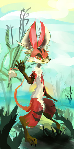 anthro detailed_background fangs female forest fur jungle plant red_body red_eyes red_fur solo striped_body striped_fur stripes teeth tomboy tree white_body white_fur naircat transformice mammal mouse murid murine rodent 1:2 2015