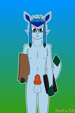 animal_genitalia animal_penis anthro balls blue_body blue_ears blue_eyes blue_fur bodily_fluids canine_genitalia canine_penis cardboard computer electronics eyewear fur genital_fluids genitals glasses green_body green_fur laptop male navel nipples nude penis poker_face precum sheath solo wearing_glasses scoutthecat02 nintendo pokemon brady_d'arco eeveelution generation_4_pokemon glaceon pokemon_(species) 2:3 hi_res