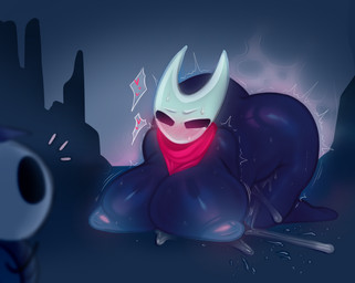 2_horns all_fours ambiguous_gender areola big_breasts biped blush bodily_fluids breasts butt duo empty_eyes female heart_symbol horn looking_at_another motion_lines nipples on_ground raikissu hollow_knight_(franchise) team_cherry hornet_(hollow_knight) arthropod absurd_res hi_res