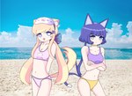 2_tails accessory beach bikini bikini_bottom bikini_top blindfold blonde_hair blue_eyes blue_hair breasts choker clothing crossed_arms cute_fangs duo eyemask eyewear fangs female gradient_eyes hair hair_accessory hair_ribbon hairclip heart_eyes heart_symbol jewelry looking_at_viewer mask multi_tail navel necklace open_mouth ponytail ribbons seaside sleep_mask swimwear tail teeth two-piece_swimsuit water whiskers unknown_artist gacha_(series) lunime lado_(merutoro) senpaibuns animal_humanoid cat_humanoid felid felid_humanoid feline feline_humanoid humanoid mammal mammal_humanoid hi_res