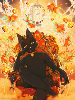 ambiguous_gender anthro bell bell_collar black_body black_fur chair collar fur furniture on_chair sitting sitting_on_chair solo godbirdart aquatic cyprinid cypriniform domestic_cat felid feline felis fish goldfish humanoid mammal hi_res tagme