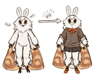 4_arms antennae_(anatomy) anthro arthropod_abdomen black_eyes black_sclera bottomwear bow_tie clothing female fluffy footwear fur insect_wings multi_arm multi_limb neck_tuft orange_wings rolled_up_sleeves shoes skirt solo sweater topwear tuft white_body white_fur wings tateoftot arthropod insect lepidopteran moth hi_res