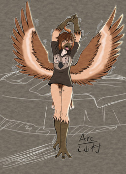anthro back_wings beak big_shirt blush bodily_fluids bottomless breasts brown_body brown_hair clothed clothing female genital_fluids genitals hair nipples non-mammal_breasts non-mammal_nipples open_beak open_mouth pubes shirt shirt_only small_breasts spread_wings stretching t-shirt t-shirt_only talon_hands topwear topwear_only vaginal_fluids vulva wings yawn arc_rose vanilla_(arcrose) avian bird digital_drawing_(artwork) digital_media_(artwork) flat_colors hi_res