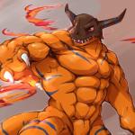 abs abstract_background anthro biceps big_muscles biped blue_body blue_scales brown_body brown_scales claws fangs featureless_crotch horn huge_muscles male markings muscular muscular_anthro muscular_male nude open_mouth pecs red_eyes scales simple_background solo standing stripes tail teeth tongue vein waddledox bandai_namco digimon mythology digimon_(species) dragon greymon mythological_creature mythological_scalie reptile scalie 1:1 hi_res