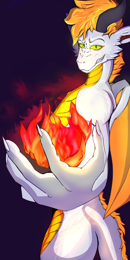 anthro fire fire_in_hand fur green_eyes grey_body hair horn male orange_body orange_hair orange_scales orange_wings scales simple_background smile solo wings tobiasnana mythology dragon furred_dragon furred_scalie mythological_creature mythological_scalie scalie absurd_res hi_res