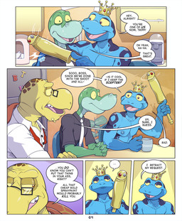 4_fingers age_difference anthro appliance arm_around_shoulders black_clothing black_shirt black_topwear blue_body blue_countershading blue_nipples blue_skin bodily_fluids boss_and_employee bow_tie chair chin_spikes closed_smile clothed clothed_anthro clothed_male clothing cmnm coffee_maker container countershading crown crown_only cup darkened_nipples dialogue disappointed duo ellipsis eye_contact eyewear facial_spikes fingers five_frame_image furniture glasses green_body green_eyes group half-closed_eyes headgear headgear_only holding_container holding_cup holding_mug holding_object holding_scepter kitchen_appliance looking_at_another looking_at_object male mature_anthro mature_male mottled mottled_body mouth_closed mug name_drop name_in_dialogue narrowed_eyes necktie nervous nervous_sweat nipples non-mammal_nipples nudist older_anthro older_male on_chair open_mouth page_number phallic pink_tongue red_bow_tie shirt sitting sitting_on_chair slim slim_anthro slim_male smile speech_bubble spikes spikes_(anatomy) sweat talking_to_another teeth tense text tongue topwear trio untied_bow_tie wearing_glasses white_clothing white_necktie white_shirt white_topwear yellow_body yellow_sclera yes-no_question younger_anthro younger_male anti_dev cybin_(anti_dev) mr._swift_(anti_dev) tripp_(anti_dev) amphibian anole frog lizard poison_dart_frog reptile scalie sea_turtle turtle 2025 colored comic digital_drawing_(artwork) digital_media_(artwork) english_text hi_res shaded