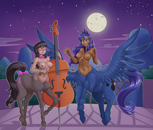 accessory alternate_form areola balcony blue_body blue_feathers bow_(feature) bow_accessory bow_ribbon bowed_string_instrument breasts casual_nudity cello cutie_mark duo eyes_closed feathered_wings feathers female fluffy fluffy_tail full_moon furgonomics hair hooves horn humanoid_hands long_hair moon mountain musical_instrument navel night nipples nude outside princess ribbons royalty sky social_nudity star starry_sky string_instrument tail tail_accessory tail_bow tail_ribbon wings nauth friendship_is_magic hasbro my_little_pony octavia_(mlp) princess_luna_(mlp) equid equid_taur equine equine_taur mammal mammal_taur taur 2018 absurd_res digital_media_(artwork) hi_res