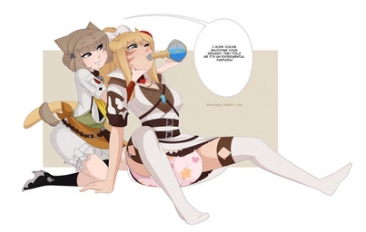 anthro blonde_hair clean_diaper clothed clothing dialogue diaper drinking duo female hair legwear potion simple_background stockings tail text wearing_diaper merunyaa felid feline mammal english_text hi_res