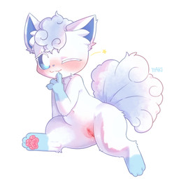 anthro blue_markings blue_nose blush blush_lines bodily_fluids clitoral_hood clitoris digitigrade eyelashes female female_anthro genital_fluids genitals hair humanoid_genitalia humanoid_vulva markings nude one_eye_closed pawpads pink_pawpads pink_paws semi-anthro smile solo tail text tuft vaginal_fluids vulva white_body wink ttaki nintendo pokemon alolan_form alolan_vulpix generation_7_pokemon pokemon_(species) regional_form_(pokemon) 1:1 hi_res