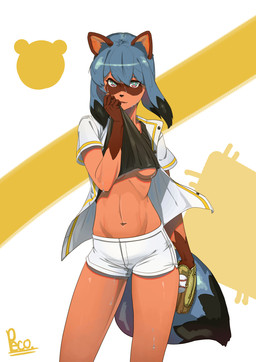 anthro athletic athletic_anthro athletic_female ball baseball_(ball) baseball_glove baseball_uniform black_body black_fur black_hair black_nose blue_body blue_eyes blue_fur blue_hair bodily_fluids bottomwear breasts brown_body brown_fur clothed clothing dolphin_shorts female fluffy fluffy_tail fur hair looking_at_viewer multicolored_body multicolored_eyes multicolored_fur multicolored_hair navel pink_eyes short_hair shorts solo sportswear sweat tail topwear under_boob uniform peco brand_new_animal studio_trigger michiru_kagemori canid canine mammal raccoon_dog tanuki 2020 absurd_res hi_res portrait three-quarter_portrait