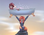 angry anthro bath bathtub bubble_bath caricature claw_foot_bathtub clothing duo female smile catd margaret_never_(catd) tfs_amarihel_(character) canid canine domestic_cat felid feline felis fox mammal 5:4 hi_res