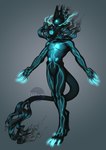 anthro black_body blue_body blue_claws blue_eyes blue_markings blue_nose claws empty_eyes featureless_crotch glowing glowing_claws glowing_nostrils male markings narrowed_eyes nude simple_background solo standing toe_claws riorix 2018 dated full-length_portrait hi_res portrait signature