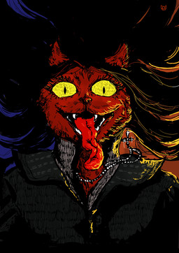 anthro armor clothing fangs flowing_hair fur glowing glowing_eyes hair jewelry long_tongue necklace open_mouth red_body red_fur shirt smile solo teeth tongue topwear yellow_eyes umbraunderscore demon domestic_cat felid feline felis mammal vampire absurd_res hi_res