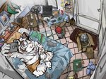 anthro bed belly bottomwear clothing computer detailed_background electric_fan electronics eyewear fur furniture glasses inside kemono male moobs nipples phone pillow shorts sitting slightly_chubby solo white_body white_fur bonbonbear tuokemao lifewonders tokyo_afterschool_summoners alp_(tas) hombre_tigre_(tas) felid mammal pantherine tiger 2020