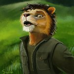 1:1 2016 anthro clothed clothing detailed_background digital_media_(artwork) felid grass hair hi_res lion looking_at_viewer male mammal open_mouth outside pantherine plant pockets solo swish tongue whiskers yellow_eyes