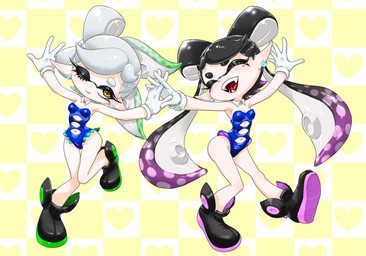 boots clothing cutout duo eyes_closed female footwear gloves handwear humanoid_pointy_ears leotard navel not_furry one_eye_closed open_mouth open_smile pattern_background pointy_ears pseudo_hair shoes simple_background smile tentacle_hair tentacles wink koharuno2 nintendo splatoon callie_(splatoon) marie_(splatoon) aquatic cephalopod humanoid inkling mollusk hi_res