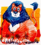 blue_eyes blue_mane claws cloud eyebrows feral looking_at_viewer male mane orange_body paws quadruped raised_eyebrow sky solo tail tail_tuft tuft whiskers white_sclera yellow_sky billy_fore felid lion mammal pantherine hi_res traditional_media_(artwork)