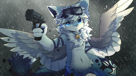 1_horn 4_fingers abstract_background anthro bell bell_collar biped blue_eyes chest_tuft collar eyewear eyewear_on_head fingers fluffy fluffy_tail fur goggles goggles_on_head grey_body grey_fur gun hair holding_gun holding_object holding_ranged_weapon holding_weapon horn inner_ear_fluff kemono looking_at_viewer male multicolored_body multicolored_fur navel raining ranged_weapon solo tail tuft weapon white_body white_fur white_hair wings hlg7777 avian bird 16:9 2026 digital_drawing_(artwork) digital_media_(artwork) shaded soft_shading wallpaper widescreen