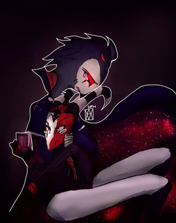 anthro black_background bodily_fluids cape cellphone clothing crying depression duo electronics formal_clothing formal_wear frown grey_hair hair holding_object holding_phone horn hug male phone red_body red_eyes red_skin sad short_hair simple_background sitting smartphone tears white_face yellow_eyes avislio hellaverse helluva_boss blitzo_(helluva_boss) stolas_(helluva_boss) avian bird imp owl owl_demon