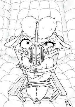 anthro biped bound chair clothed clothing creepy female fully_bound fur furniture hooves looking_at_viewer muzzle_(object) muzzled padded_room restraints simple_background sitting solo straitjacket submissive submissive_female white_background wire_basket_muzzle wool_(fur) ittybittykittytittys disney zootopia dawn_bellwether bovid caprine domestic_sheep mammal sheep 2017 black_and_white hi_res monochrome signature