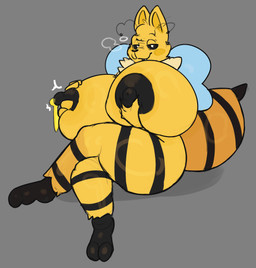 2_toes abdomen_markings ankle_tuft antennae_(anatomy) anthro arthropod_abdomen back_wings big_breasts black_antennae black_feet black_markings black_nipples black_sclera black_snout black_stripes blue_wings blush bodily_fluids breasts cheek_tuft crossed_legs curvy_figure ear_tuft ears_up facial_tuft feet female food fur half-closed_eyes head_tuft holding_breast honey_(food) huge_breasts hyper hyper_breasts lactating lactating_honey leg_markings leg_tuft looking_at_viewer markings membrane_(anatomy) membranous_wings motion_lines narrowed_eyes neck_tuft nipples nude simple_background sitting smile smiling_at_viewer smirk snout solo steamy_breath stinger stinger_tail stripes tail tarsus thick_thighs thigh_markings toes tuft unusual_bodily_fluids unusual_lactation white_eyes wide_hips wings yellow_blush yellow_body yellow_ears yellow_fur ridge_(artist) cynthia_(roythewrastor) arthropod bee domestic_cat felid feline felis hybrid hymenopteran insect mammal 2026 absurd_res colored digital_drawing_(artwork) digital_media_(artwork) hi_res shaded