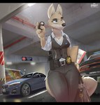 anthro black_bars breasts car car_alarm cleavage clothed clothing female file handbag holstered_pistol interpol motor_vehicle parking_garage police police_car police_officer police_vehicle solo suit suit_vest swedish_flag vehicle wanted_poster hinget bmw disney dodge_charger zootopia anya_isklo canid canine canis mammal wolf hi_res letterbox