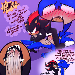 69_position angry ankle_socks anthro anthro_on_anthro anthro_penetrated anthro_penetrating anthro_penetrating_anthro anthro_penetrating_male apology aroused aroused_male athletic athletic_anthro athletic_male belly black_body black_fur black_nose blue_body blue_fur blush blush_lines bodily_fluids chest_tuft clothing crew_socks crossed_arms cum cum_in_mouth cum_inside dialogue duo ear_piercing ear_ring ears_back ellipsis emanata exclamation_point fangs fellatio footwear fur genital_fluids genitals glands glans green_eyes heart_pupils heart_symbol humanoid_genitalia humanoid_penis legwear looking_at_another looking_at_partner male male/male male_penetrated male_penetrating male_penetrating_male motion_lines nipples open_mouth oral pattern_clothing pattern_footwear pattern_legwear pattern_socks penetration penile penile_penetration penis piercing pink_glans pink_nipples pivoted_ears red_body red_clothing red_eyes red_footwear red_fur red_socks red_stripes ring_piercing sad saliva saliva_string sex sharp_teeth short_tail socks striped_body striped_clothing striped_footwear striped_fur striped_socks stripes sweat sweatdrop tail tan_body tan_penis tan_skin teeth text thought_bubble tongue tongue_out tuft two-tone_socks white_belly white_body white_clothing white_footwear white_fur white_socks x_aloevera_x sega sonic_the_hedgehog_(series) shadow_the_hedgehog sonic_the_hedgehog eulipotyphlan hedgehog mammal 1:1 english_text hi_res