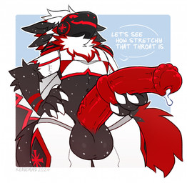 animal_genitalia animal_penis anthro balls big_balls big_penis claws dialogue equine_genitalia equine_penis fellatio_request genitals holding_penis huge_penis imminent_oral looking_at_viewer low-angle_view machine male oral_request penis requesting sex_request smile solo speech_bubble talking_to_viewer text keavemind gitch protogen digital_media_(artwork) english_text hi_res