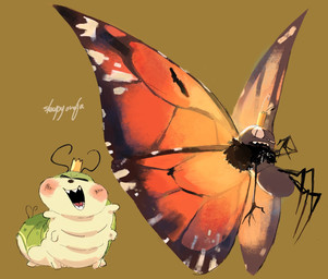 2_antennae 2_tails 4_arms 4_fingers 4_legs antennae_(anatomy) anthro arthropod_abdomen big_wings black_antennae blush blush_lines blush_stickers brown_background crown eyespots featureless_hands feral fingers flying gold_crown green_body grey_body headgear insect_wings lepidopteran_wings looking_at_viewer markings multi_arm multi_limb multi_tail multicolored_wings narrowed_eyes nude open_mouth open_smile orange_body ruff sharp_teeth simple_background smile solo spread_wings standing tail teeth white_body wings sleepyoveja disney hoppers_(disney) pixar titus_(hoppers) arthropod butterfly caterpillar insect larva lepidopteran 2026 digital_media_(artwork) hi_res