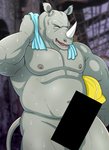 anthro armor biceps censor_bar censored eyes_closed hard_hat headgear helmet horn jacklantern_11 male mammal musclegut muscular muscular_anthro muscular_male navel nipples nude pecs rhinoceros smile solo towel