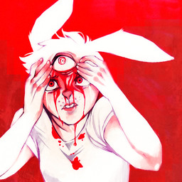 3_eyes 5_fingers anthro blood blood_drip blood_on_clothing blood_on_face bodily_fluids buckteeth clothed clothing dripping female fingernails fingers frown fur gore hair humanoid_hands lips long_ears multi_eye nails red_background red_eyes shirt simple_background solo t-shirt teeth topwear touching_face white_body white_clothing white_fur white_hair white_shirt white_topwear bottleshark ruby_quest ruby_(rq) lagomorph leporid mammal rabbit 1:1 2013