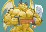 abs angry anthro biceps bodily_fluids flexing gym horn male muscular muscular_anthro muscular_male pecs poster solo sweat vein wings yellow_body chirros blue_dragon_(series) mythology blue_dragon_(character) rudolph_(blue_dragon) dragon mythological_creature mythological_scalie scalie