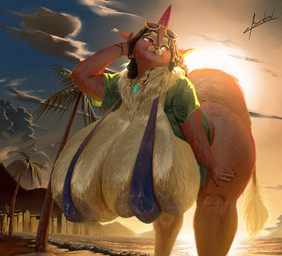 1_horn 5_fingers anthro areola areola_slip beach bent_over big_areola big_breasts bikini bikini_top black_hair bottomless bottomless_anthro bottomless_female bracelet breasts clothed clothing detailed_background eyewear eyewear_on_head female female_anthro fingers fur glistening glistening_breasts hair hand_behind_head hand_on_leg hand_on_own_leg hand_on_own_thigh hand_on_thigh hanging_breasts horn huge_breasts humanoid_hands hyper hyper_breasts jewelry looking_aside neck_tuft necklace open_clothing open_shirt open_topwear orange_body orange_fur palm_tree plant red_eyes shirt solo sunglasses sunglasses_on_head sunset swimwear tail tan_body tan_fur text thick_thighs topwear tree tuft two-piece_swimsuit wearing_sunglasses wet_breasts blulesnsfw mari_(traumerei) chinchilla chinchillid hybrid mammal rodent 2024 absurd_res artist_name hi_res signature