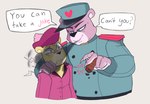 2023 anthro bear black_nose cabo_pompon_(unicorn_wars) clothing comandante_fluffy comic dialogue duo english_text hat headgear headwear hi_res humanoid_hands mammal overweight sketchyvillain smoking text unicorn_wars