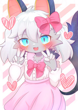 accessory alternative_fashion anthro asian_clothing bangs blue_eyes bow_(feature) bow_ribbon clothed clothing crossdressing dress east_asian_clothing fur gesture grey_body grey_fur hair hair_accessory hair_between_eyes hair_bow hair_ribbon hand_gesture heart_symbol j-fashion japanese_clothing lolita_(fashion) long_hair male pigtails pink_clothing pink_dress ribbons solo sweet_lolita v_sign young lopelilo yushin_(character) domestic_cat felid feline felis mammal absurd_res hi_res unavailable_at_source