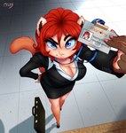 blue_eyes bottomwear breasts business_card business_suit cleavage clothed clothing female furgonomics hair hand_on_hip high-angle_view holding_object id_card looking_at_viewer looking_up pencil_skirt pose red_hair skirt solo suit suitcase tail tail_through_skirt lemur2003_(artist) marina_mandry animal_humanoid humanoid hybrid lemur lemur_humanoid mammal mammal_humanoid primate primate_humanoid strepsirrhine digital_media_(artwork) hi_res pinup shaded