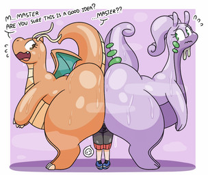 ambiguous_gender antennae_(anatomy) anthro ass_to_ass between_butts big_butt bodily_fluids body_worship bottomwear brown_eyes butt butt_worship clothing ellipsis female footwear green_eyes group huge_butt huge_thighs larger_anthro looking_back master multicolored_body nude open_mouth overweight overweight_anthro overweight_female pants pear-shaped_figure purple_body question_mark shoes size_difference slightly_chubby slightly_chubby_anthro slightly_chubby_female smaller_human smelly smelly_butt sweat sweaty_butt text thick_thighs trio two_tone_body white_body white_skin wide_hips wings surjang nintendo pokemon dragonite generation_1_pokemon generation_6_pokemon goodra human mammal pokemon_(species) absurd_res english_text hi_res